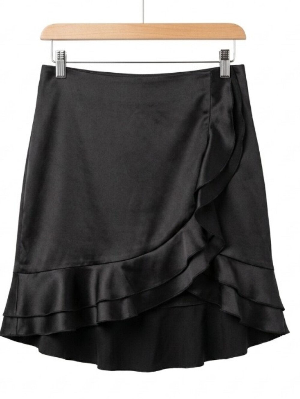 Stoosh Black Satin Ruffle Mini Skirt. Made In USA